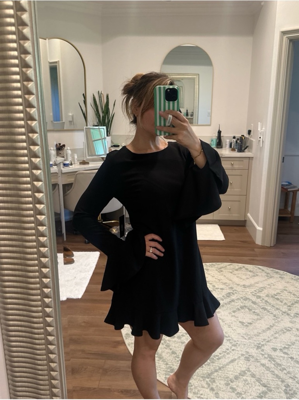 Black Ruffle Hem Long-Sleeve Dress